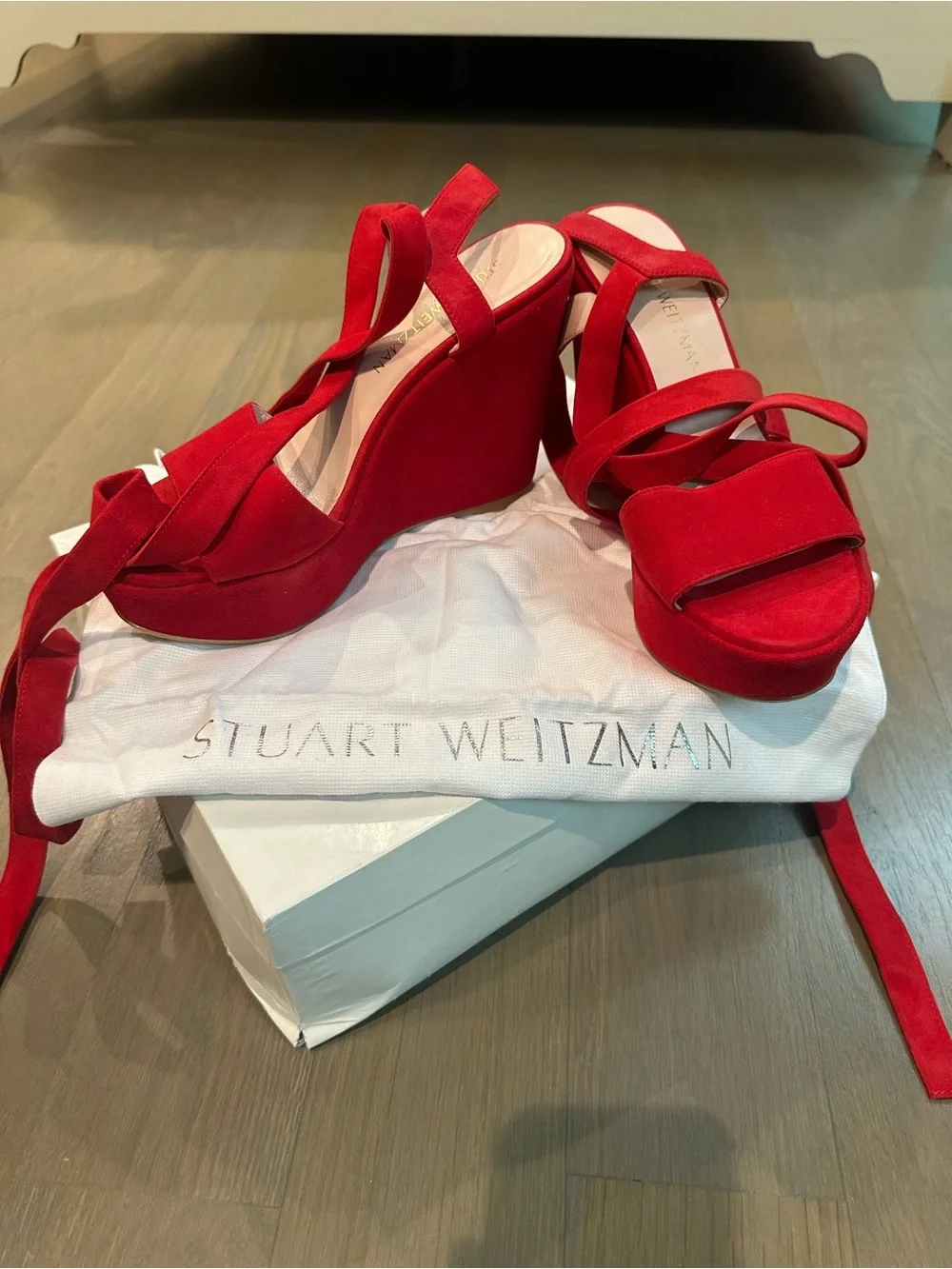 Stuart Weitzman NWOT  $450 Women Red Suede Ankle Wrap Backtie Wedge - Picture 2 of 7